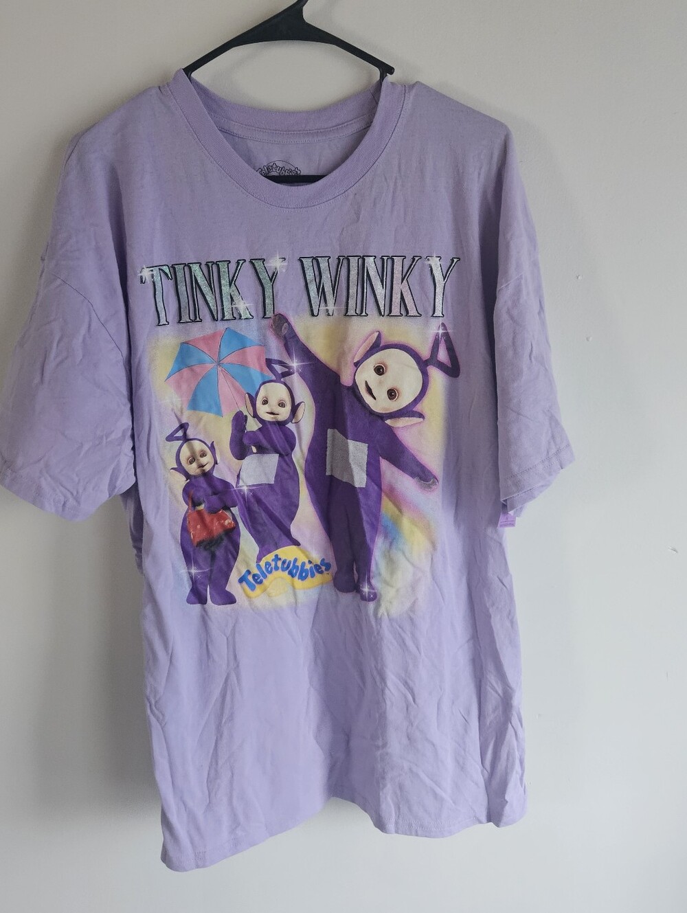 Teletubbies Tinky Winky Glitter Graphic Lavender Tee Shirt Women's XL WildBrain